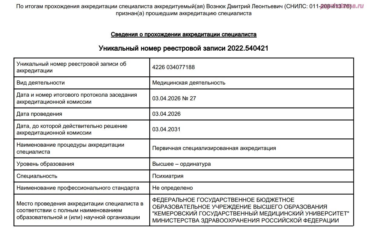 посмотреть аккредитацию психотерапевта и психиатрия